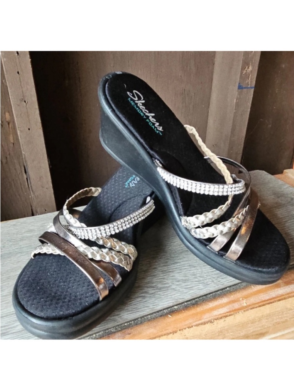 Skechers Women’s Cali Rumblers Wild Child Strappy Slide Wedge Sandal Black/Pewte - Picture 2 of 7